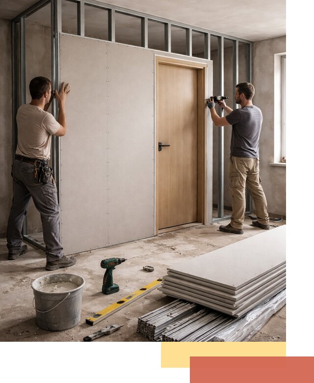 Перегородка из гипсокартона с дверью под ключ в Ачинске