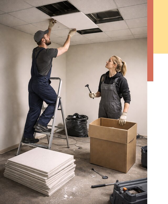 Демонтаж потолочной плитки в Ачинске от 4559 руб. быстро и недорого | ОТДЕЛОЧНИК-Чнс