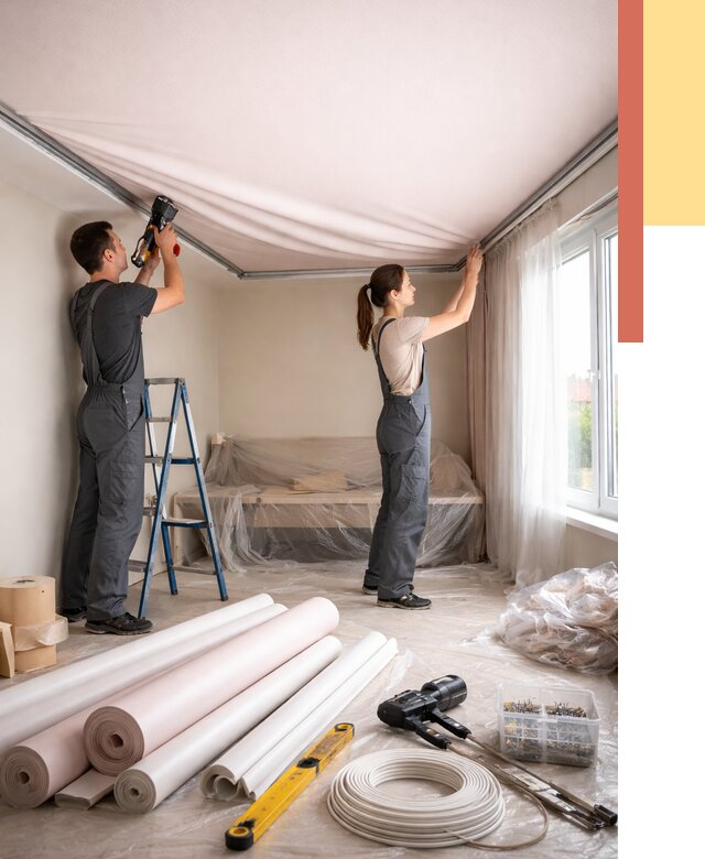 Монтаж цветного натяжного потолка в Ачинске от 4255 руб/м² — быстро и недорого | ОТДЕЛОЧНИК-Чнс