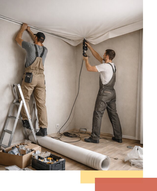 Монтаж цветного натяжного потолка в Ачинске за один день