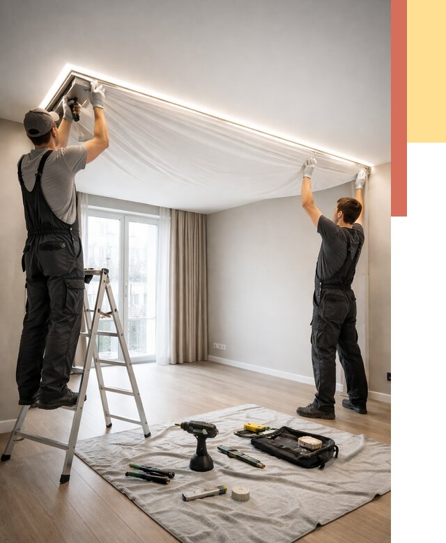 Монтаж парящего натяжного потолка в Ачинске от 4559 руб. быстро и недорого | ОТДЕЛОЧНИК-Чнс