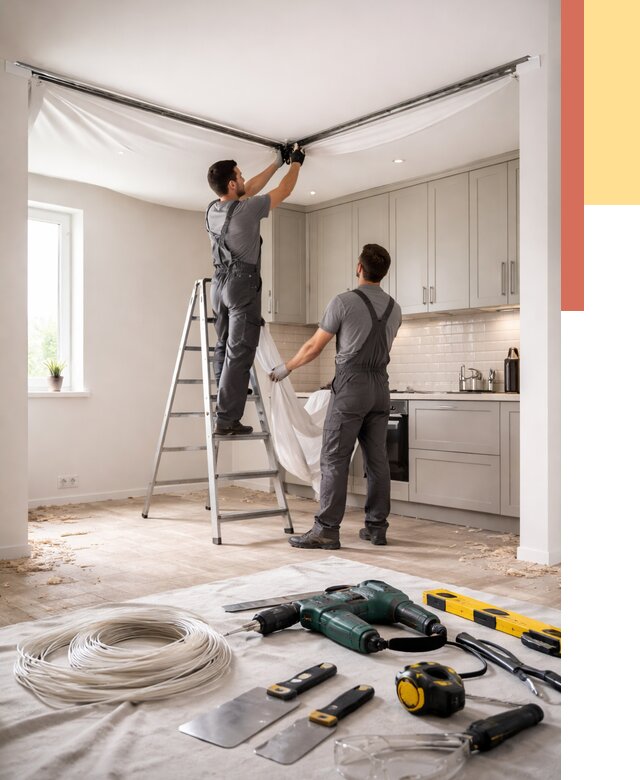 Установка натяжного потолка на кухне в Ачинске от 2431 руб. | ОТДЕЛОЧНИК-Чнс