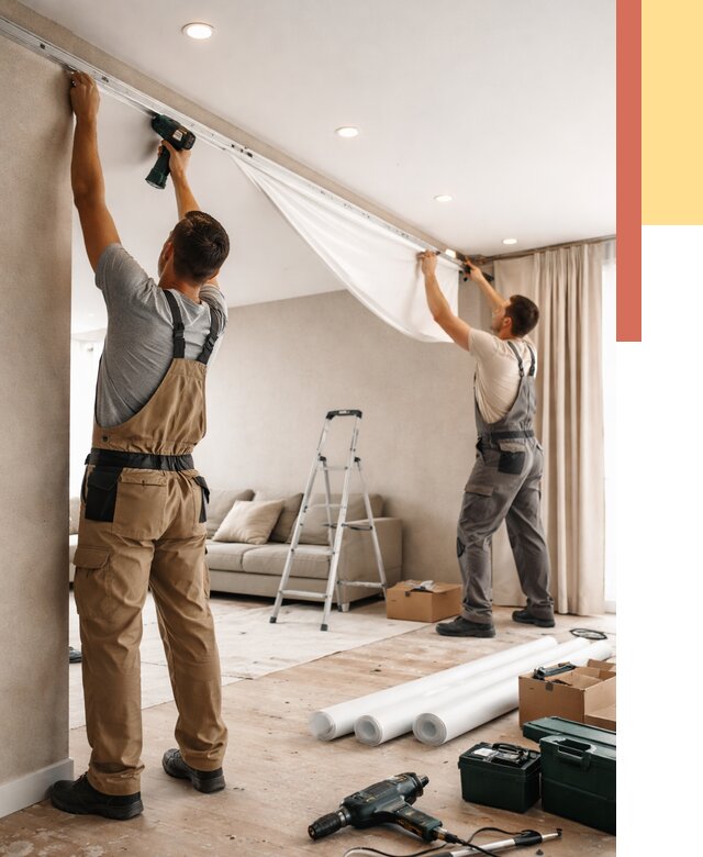 Монтаж натяжного потолка в гостиной в Ачинске от 557 руб. | ОТДЕЛОЧНИК-Чнс