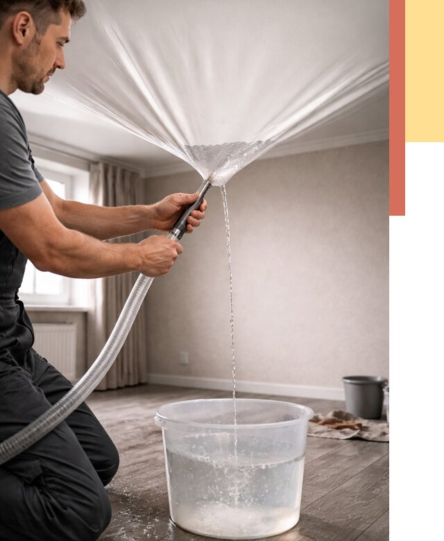 Слив воды с натяжного потолка в Ачинске от 2533 руб. быстро и недорого | ОТДЕЛОЧНИК-Чнс