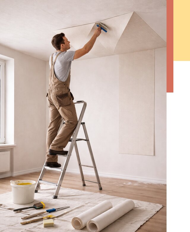 Поклейка обоев на потолок в Ачинске от 4559 руб. быстро и недорого | ОТДЕЛОЧНИК-Чнс